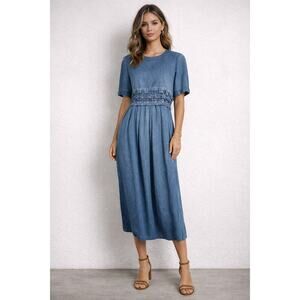 Coldwater Creek Denim Lattice Cut Midi Short Sleeve Women's Dress Size M